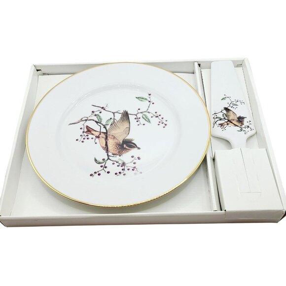 Cake Plate & Server Set Andrea By Sadek Bird Design 10" Party Serving Platter - Picture 1 of 8